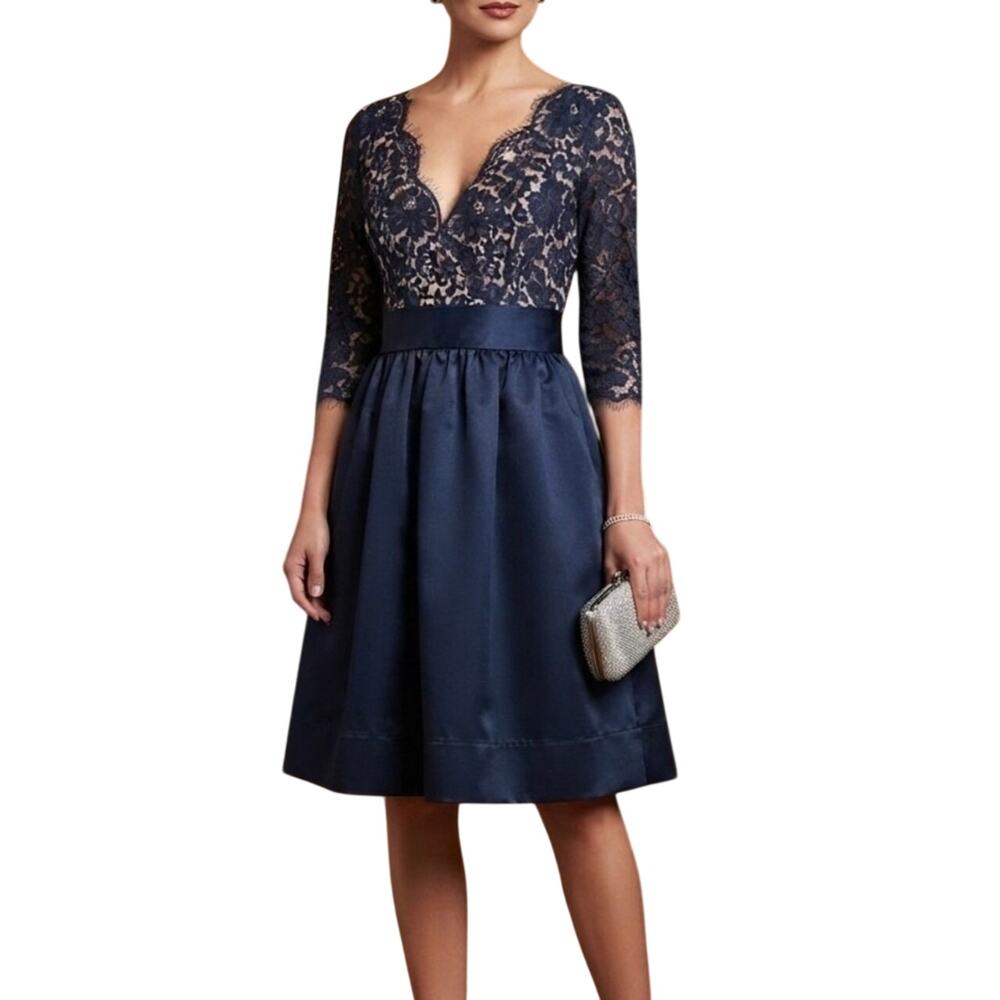 Eliza J Navy V Neck Lace 3/4 Sleeve Cocktail Dress 4